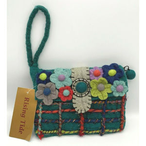 Rising Tide Felted 100% Sheep Wool Green Teal Flower Handmade Clutch Purse Nepal